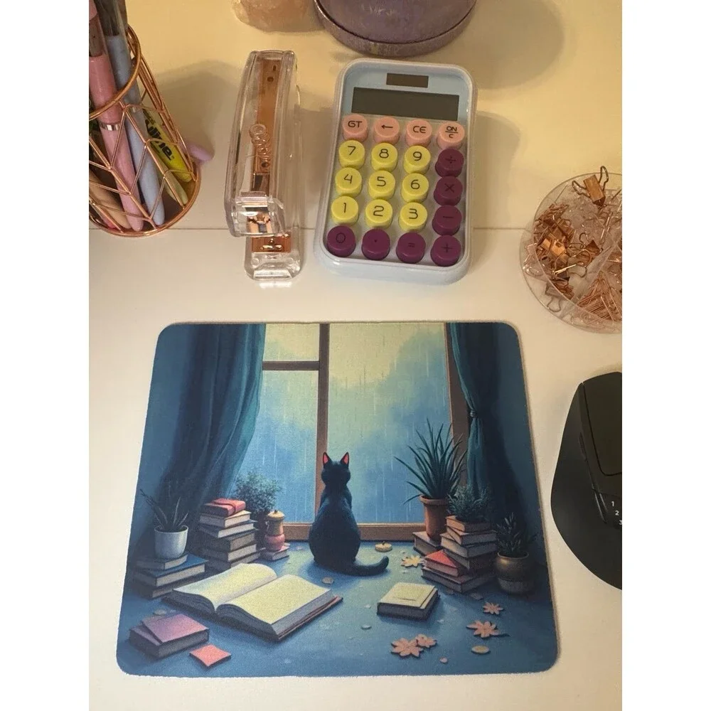 Cozy Cat Mouse Pad, Aesthetic with Rainy Window Scene